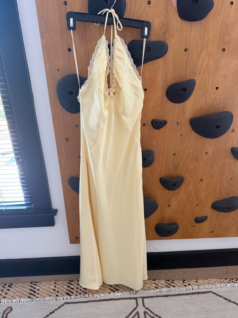 NIA Pale Yellow silky Lace-Trim Halter Maxi Dress